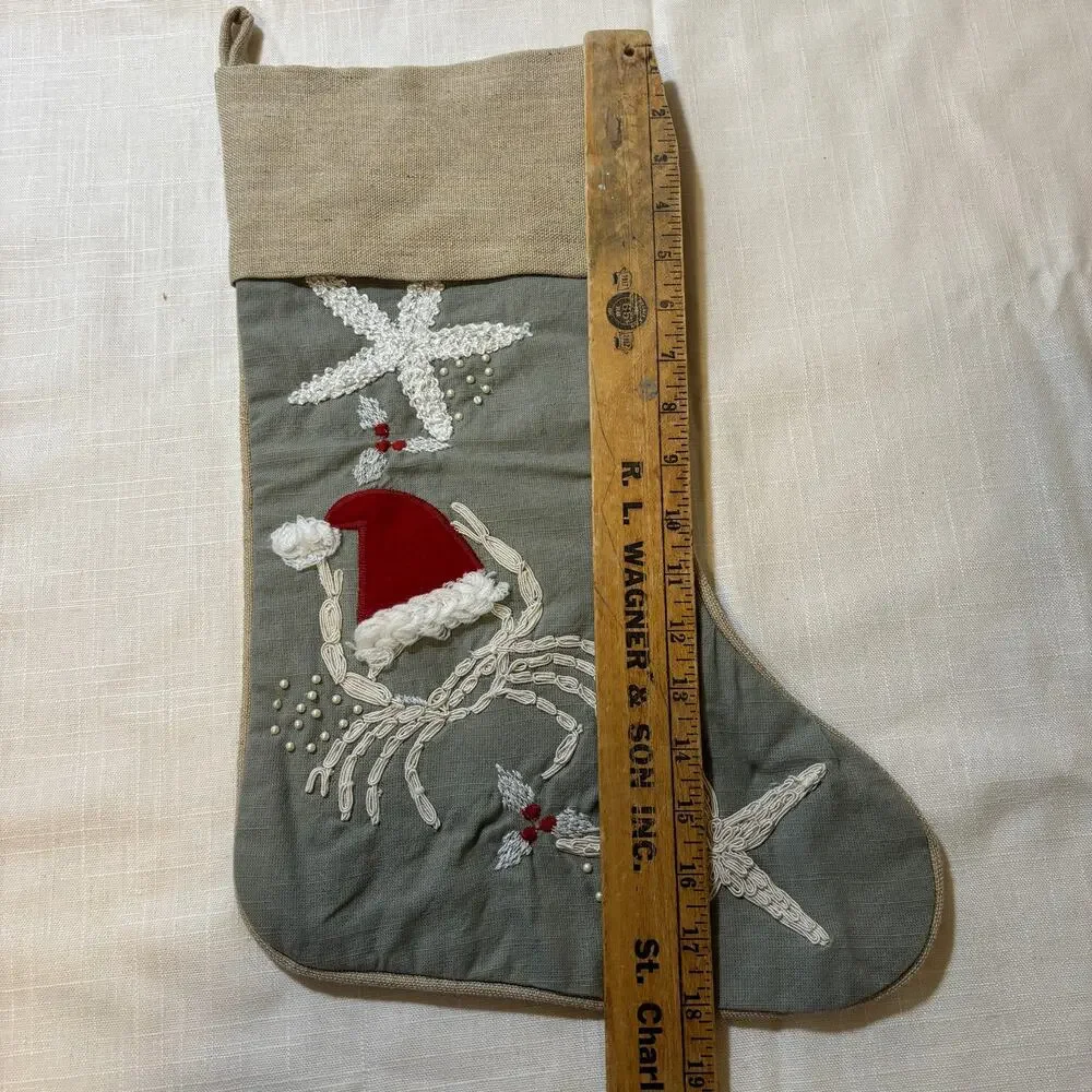 Pier 1 Imports Christmas Stocking Coastal Starfish Santa Hat Embroidered Beaded